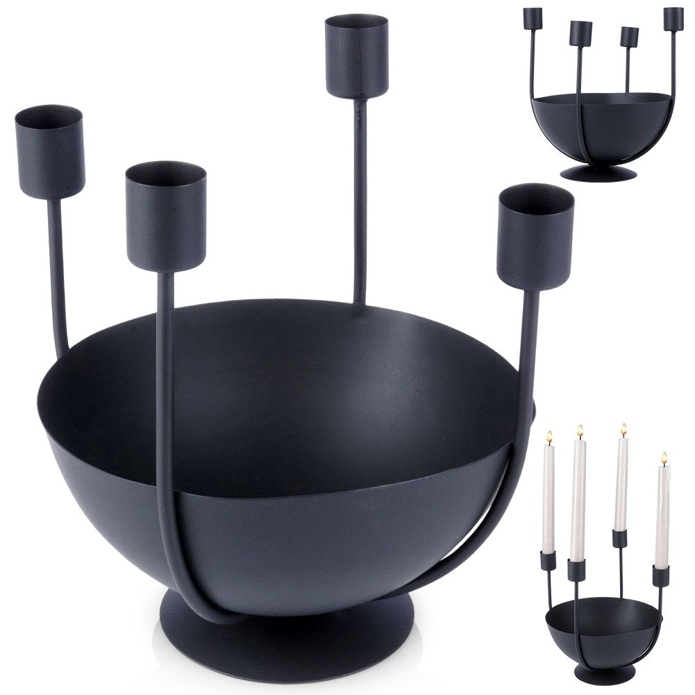 Elegant Black Candle Holder for 4 Long Candles with Bowl
