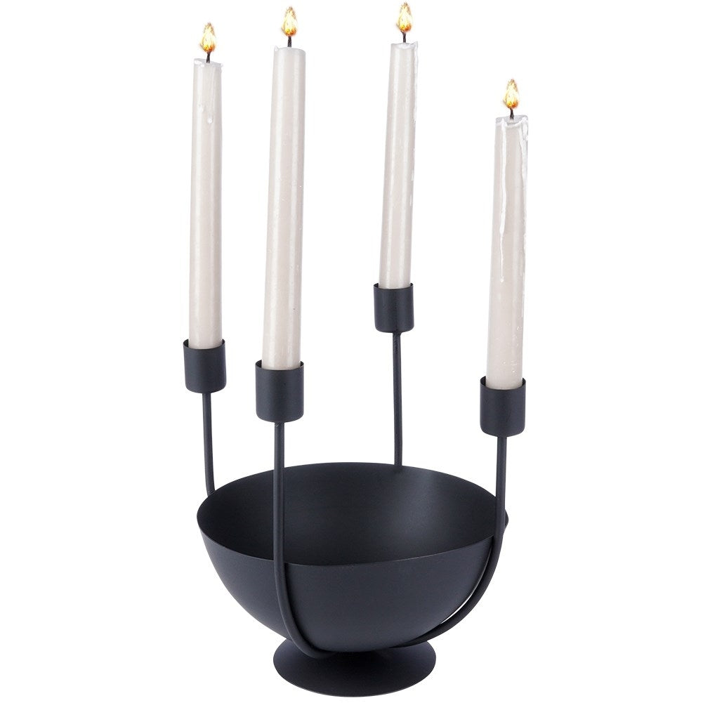 Elegant Black Candle Holder for 4 Long Candles with Bowl