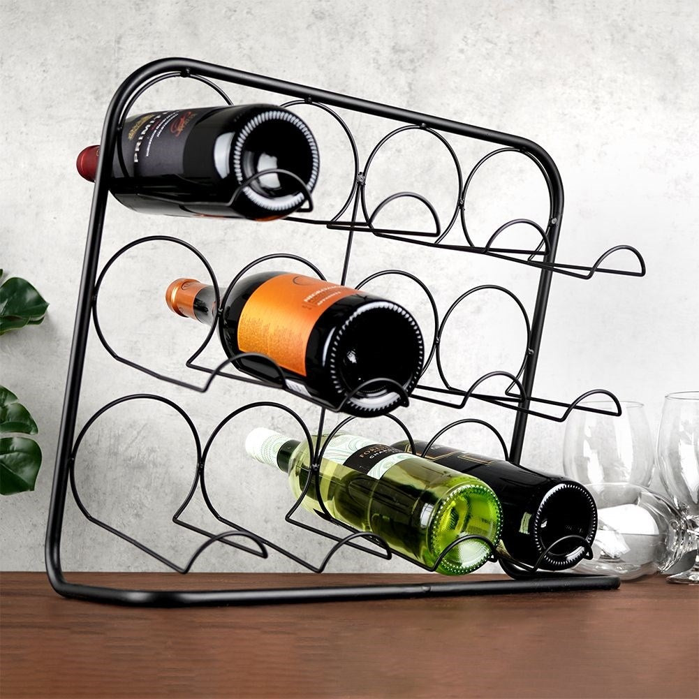 Elegant Black Metal Wine Rack - Space for 12 Bottles