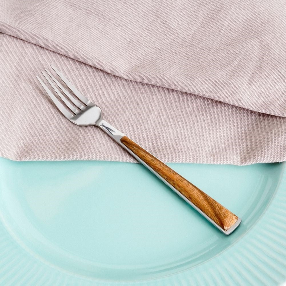 Elegant Dessert Fork in Stainless Steel with Wood Imitation