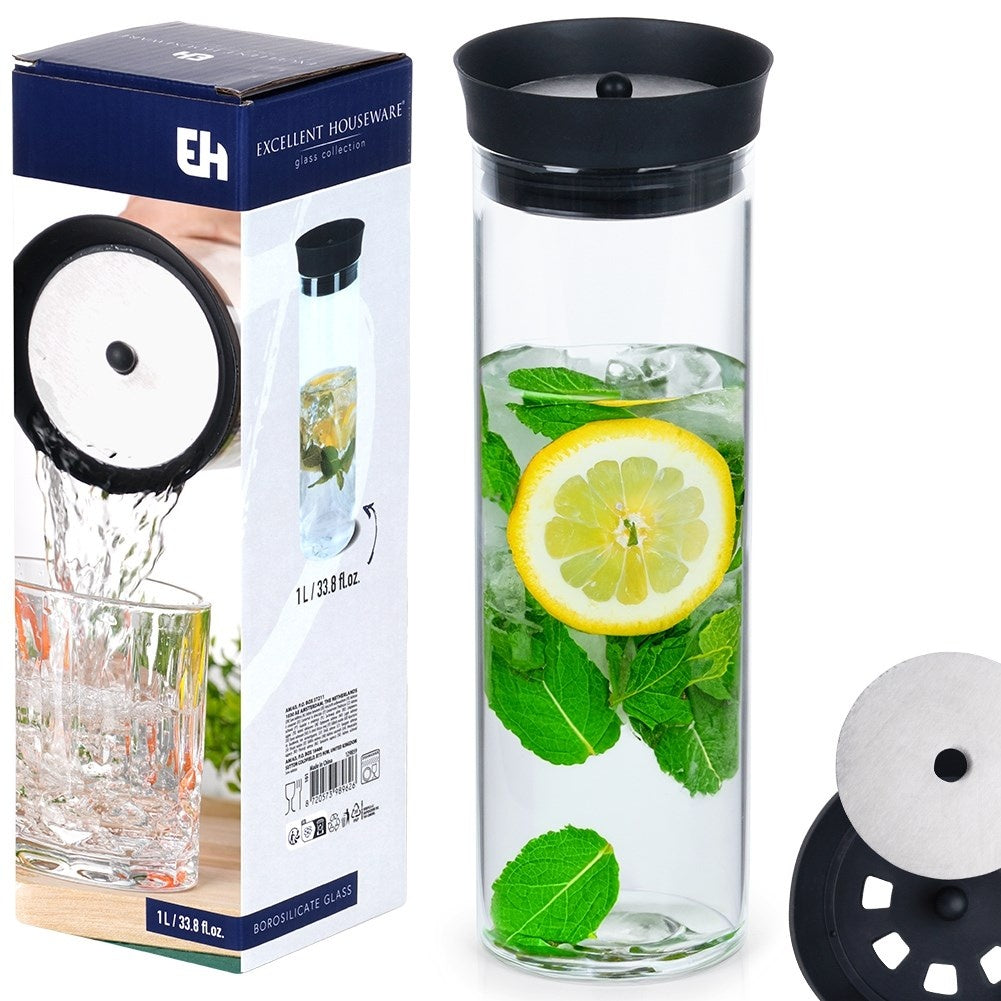 Elegant Glass Jug with Lid - 1L, Smart Pouring System
