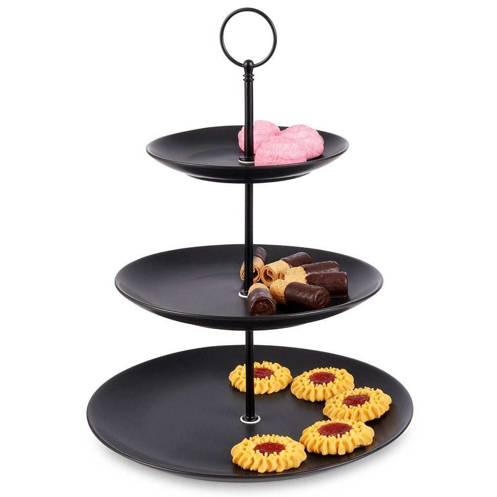 Elegant Three-Tier Cake Tray in Black Porcelain