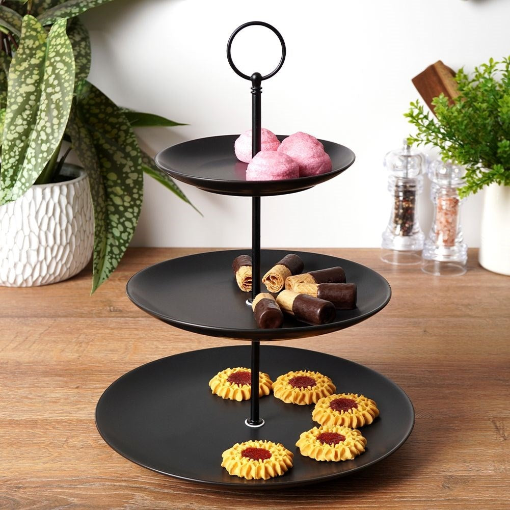 Elegant Three-Tier Cake Tray in Black Porcelain
