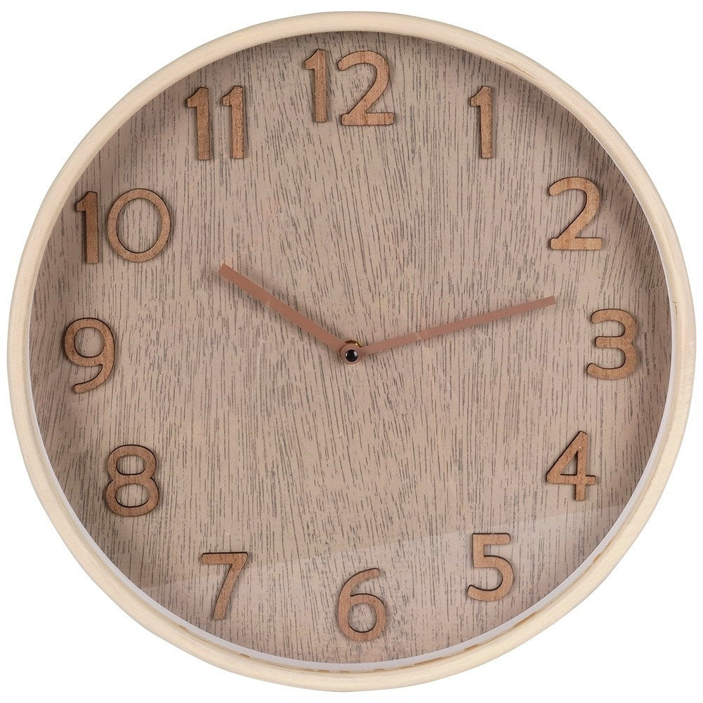 Elegant Wall Clock 38 cm with Wooden FinishThis wall clock has a diameter of 38 cm and is designed in a classic style. The frame of the watch is made of MDF, while the dial and hands have a wood-like finish. Perfect for giving your home a timeless and