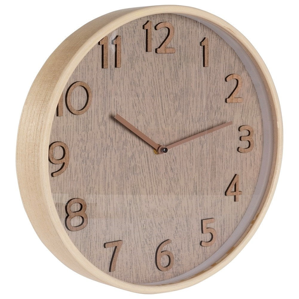 Elegant Wall Clock 38 cm with Wooden FinishThis wall clock has a diameter of 38 cm and is designed in a classic style. The frame of the watch is made of MDF, while the dial and hands have a wood-like finish. Perfect for giving your home a timeless and