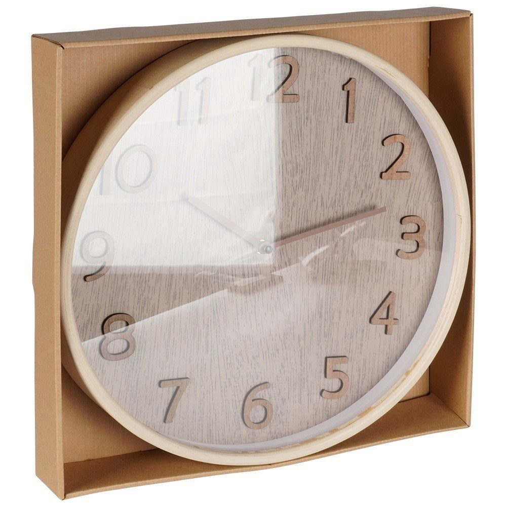 Elegant Wall Clock 38 cm with Wooden FinishThis wall clock has a diameter of 38 cm and is designed in a classic style. The frame of the watch is made of MDF, while the dial and hands have a wood-like finish. Perfect for giving your home a timeless and