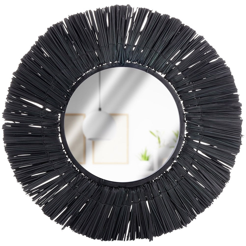 Elegant Wall Mirror with Black Raffia Frame, 42 cm Diameter