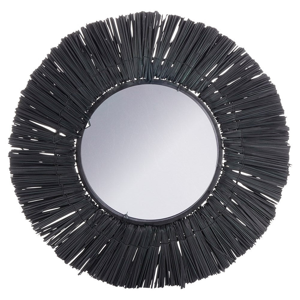Elegant Wall Mirror with Black Raffia Frame, 42 cm Diameter