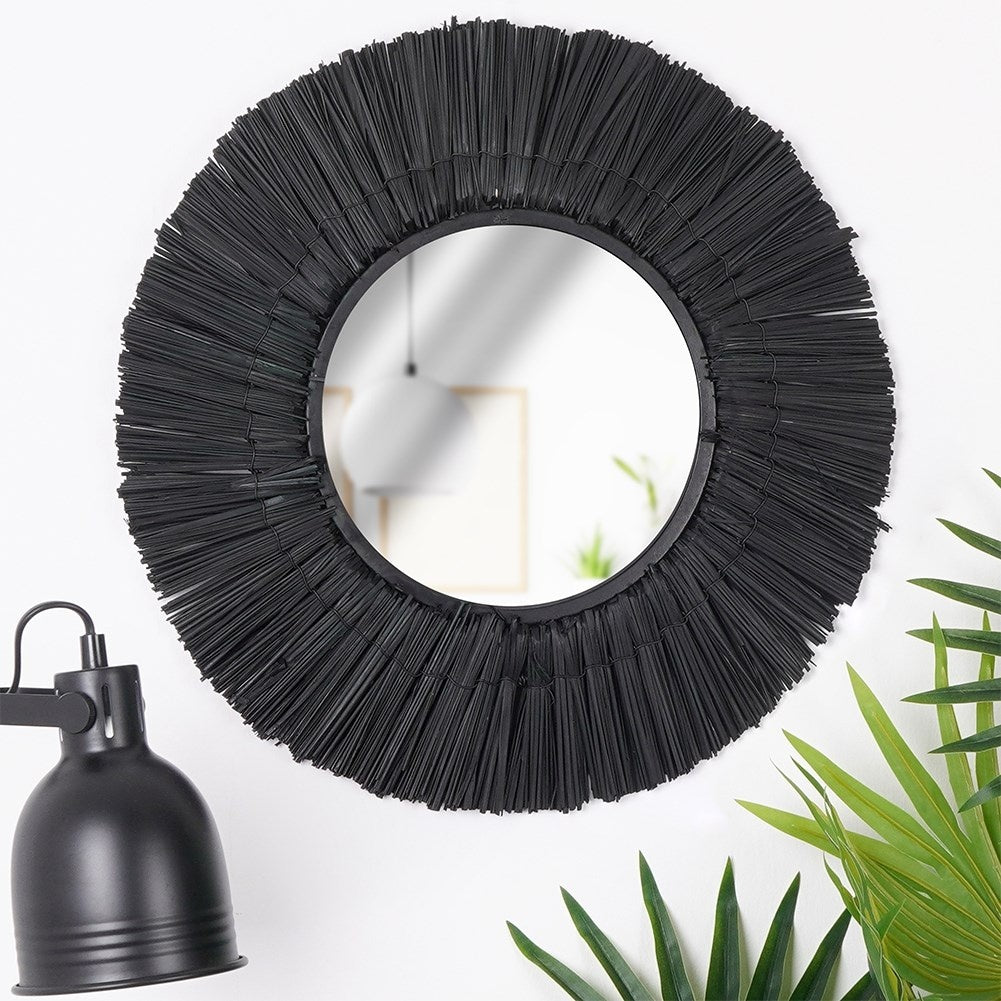 Elegant Wall Mirror with Black Raffia Frame, 42 cm Diameter