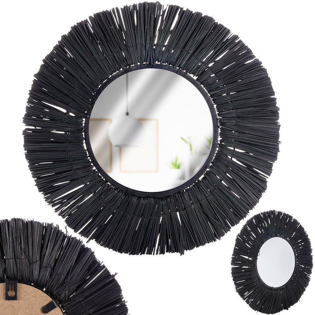 Elegant Wall Mirror with Black Raffia Frame, 42 cm Diameter