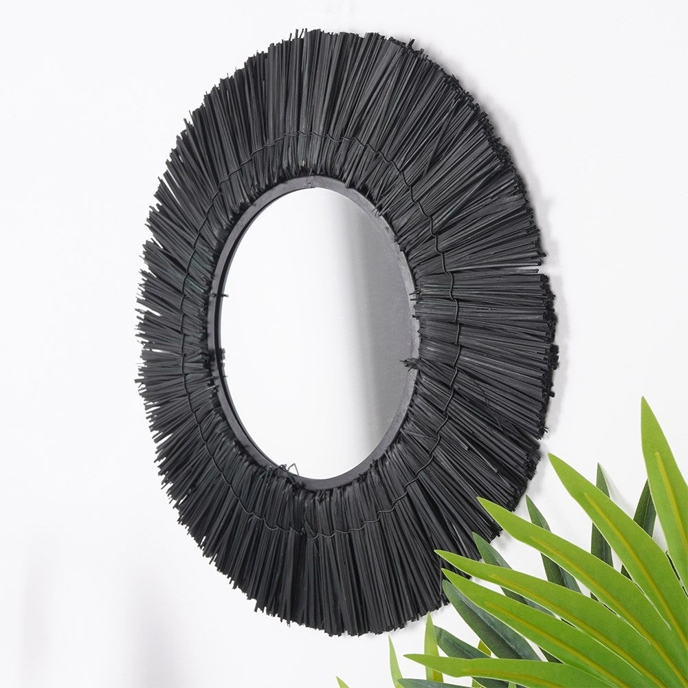 Elegant Wall Mirror with Black Raffia Frame, 42 cm Diameter