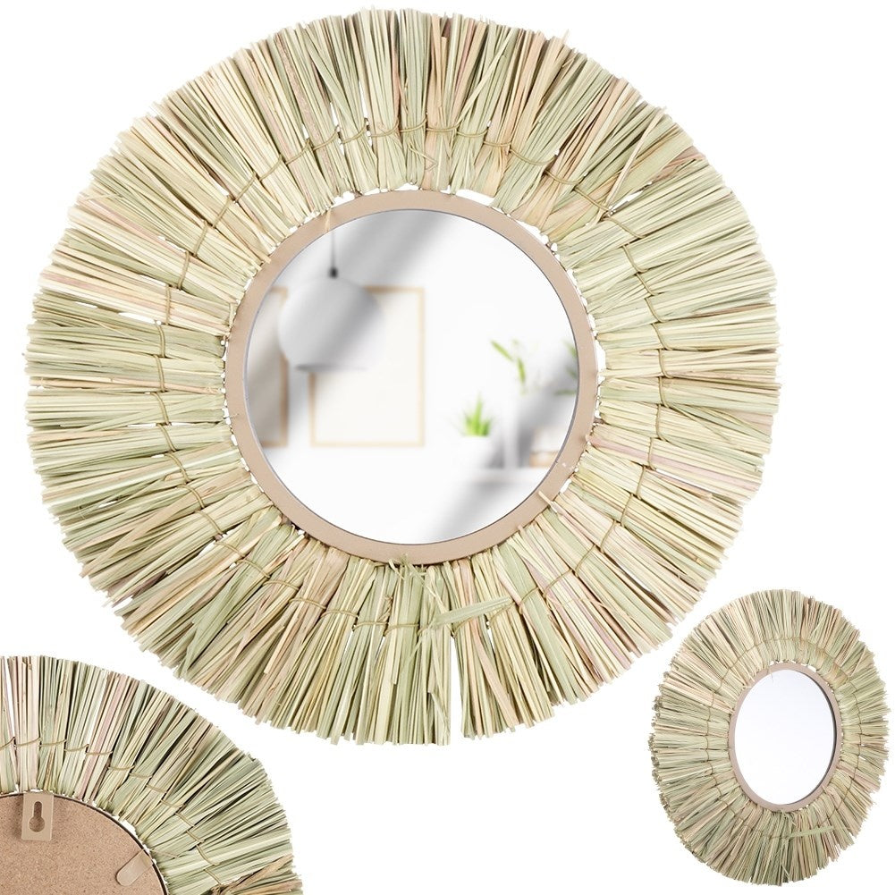 Elegant Wall Mirror with Natural Raffia Bast, 32 cm