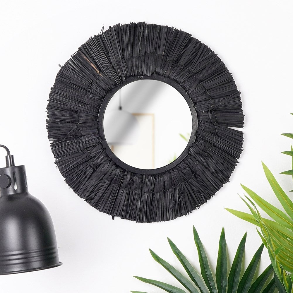 Elegant Wall Mirror with Raffia Frame - 32 cm Diameter