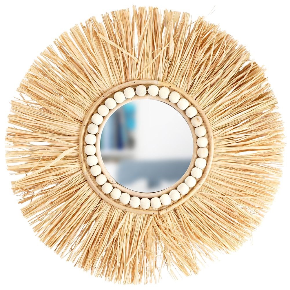 Elegant Wall Mirror with Raffia Frame and Wooden Beads