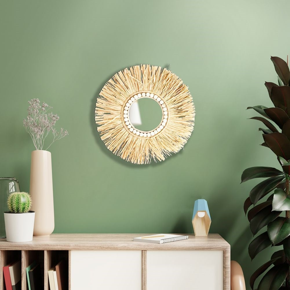 Elegant Wall Mirror with Raffia Frame and Wooden Beads