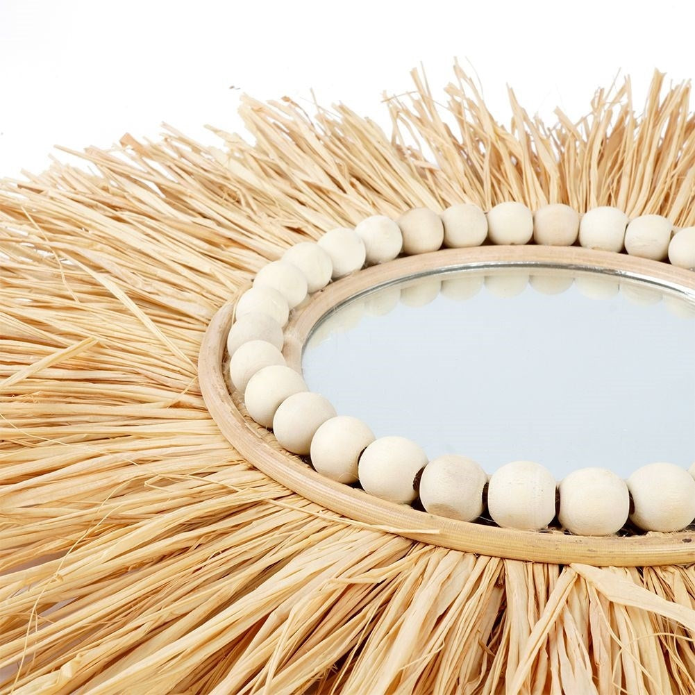 Elegant Wall Mirror with Raffia Frame and Wooden Beads