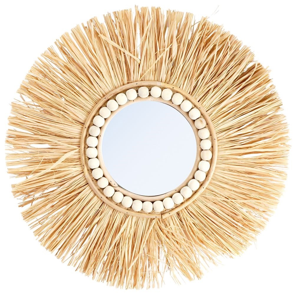 Elegant Wall Mirror with Raffia Frame and Wooden Beads