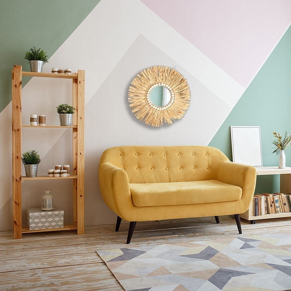 Elegant Wall Mirror with Raffia Frame and Wooden Beads