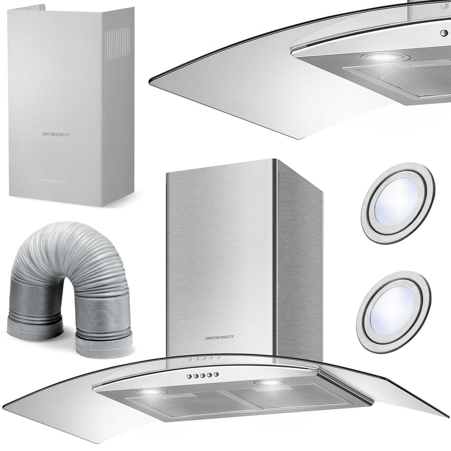 Elegant Wall Mounted Kitchen Hood 90 cm Berdsen BT-223 Stainless Steel