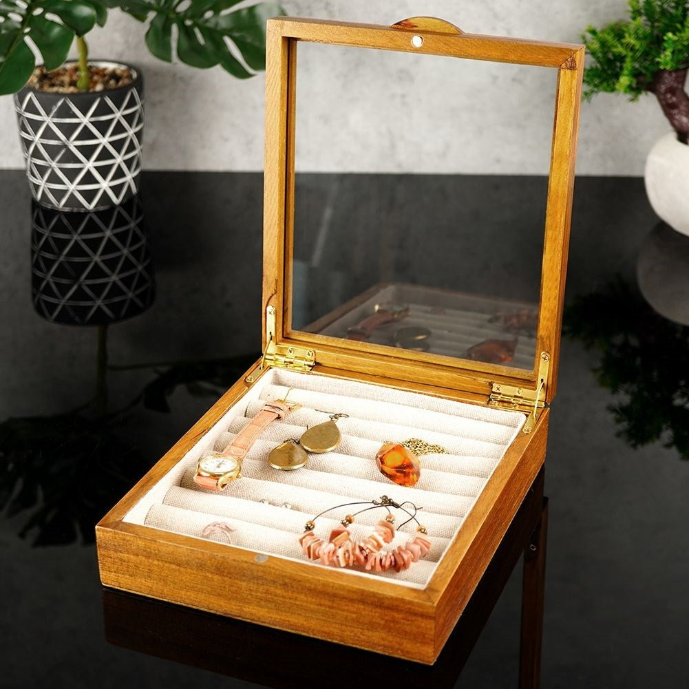 Elegant Wooden Box with Glass Lid for Jewelry