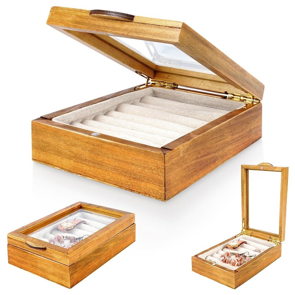 Elegant Wooden Jewelry Box with Glass Lid and Fabric Lining