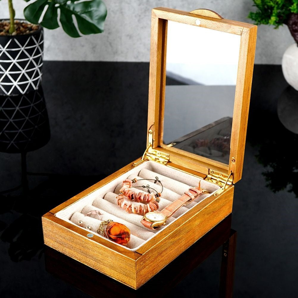 Elegant Wooden Jewelry Box with Glass Lid and Fabric Lining