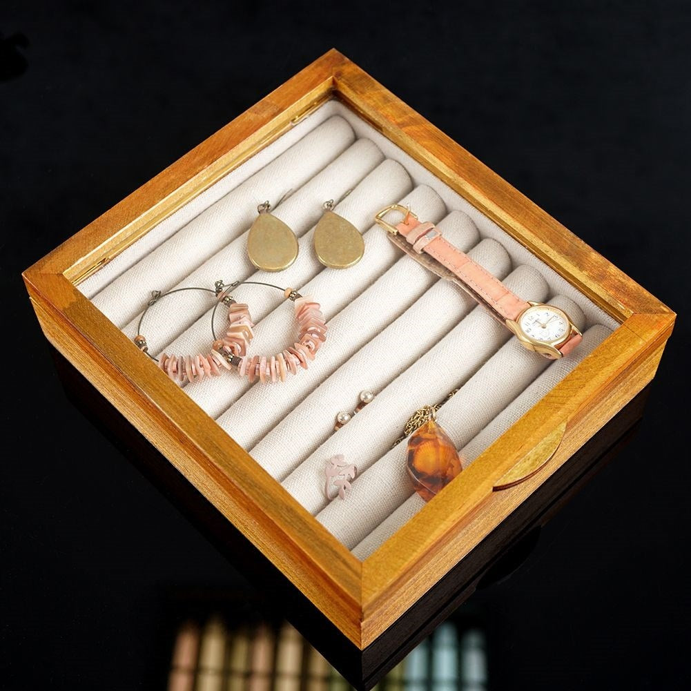 Elegant Wooden Jewelry Box with Glass Lid and Fabric Lining
