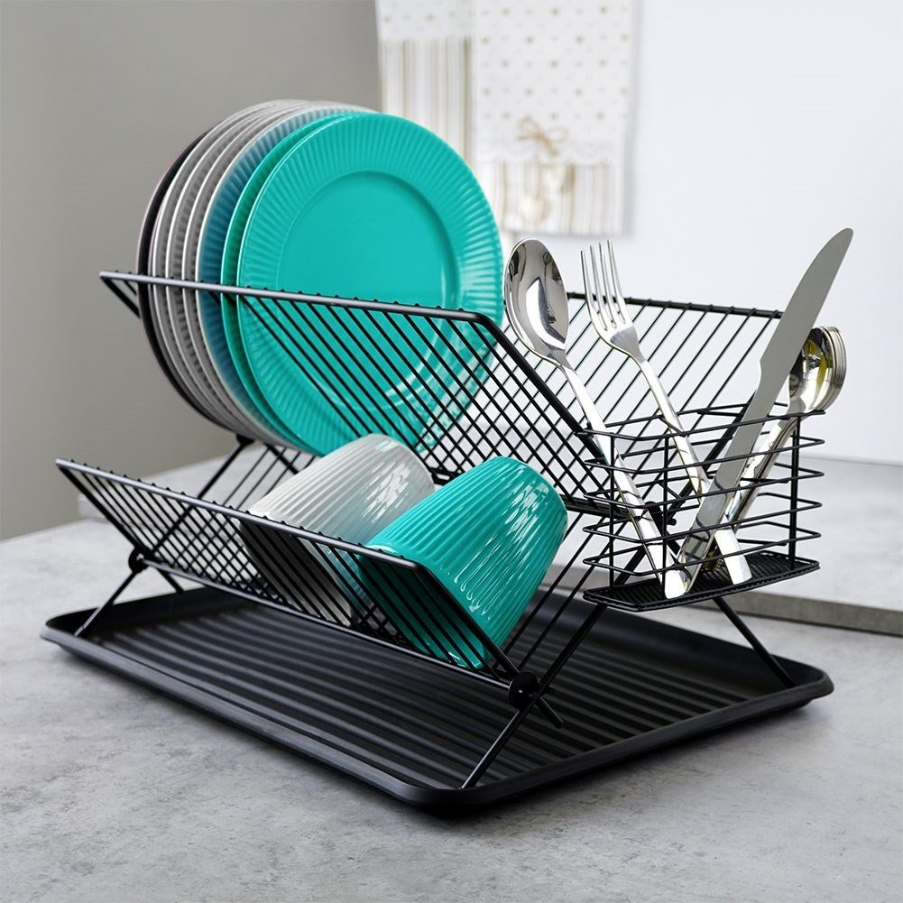 Elegant black dish rack for plates, glasses and cutlery
