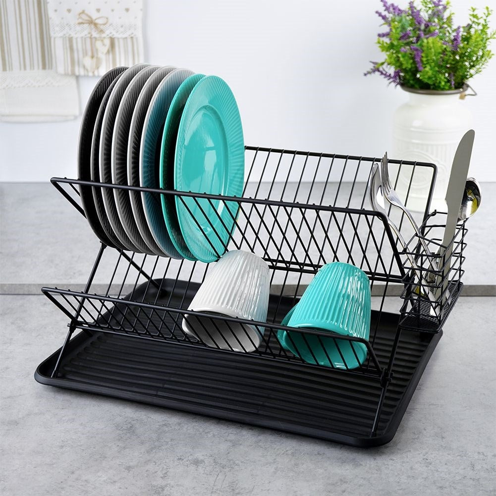 Elegant black dish rack for plates, glasses and cutlery