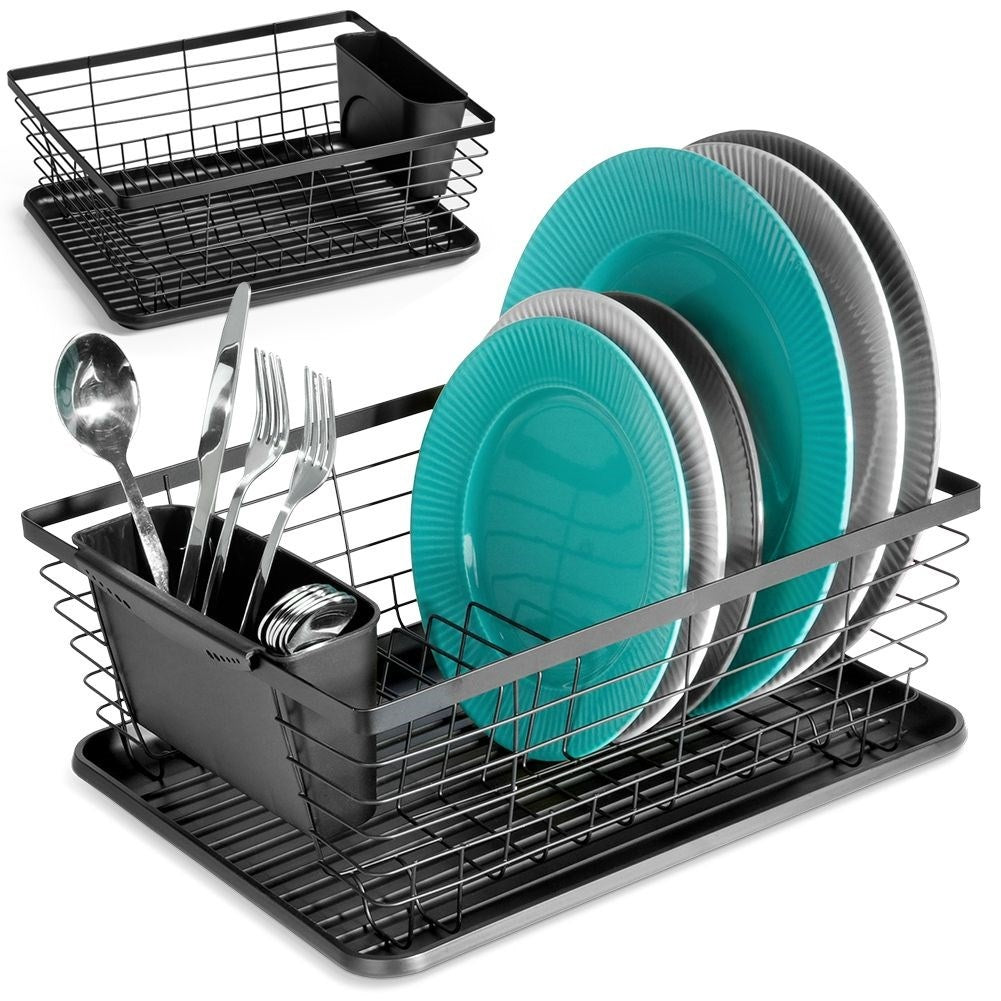 Elegant black dish rack with drainage tray