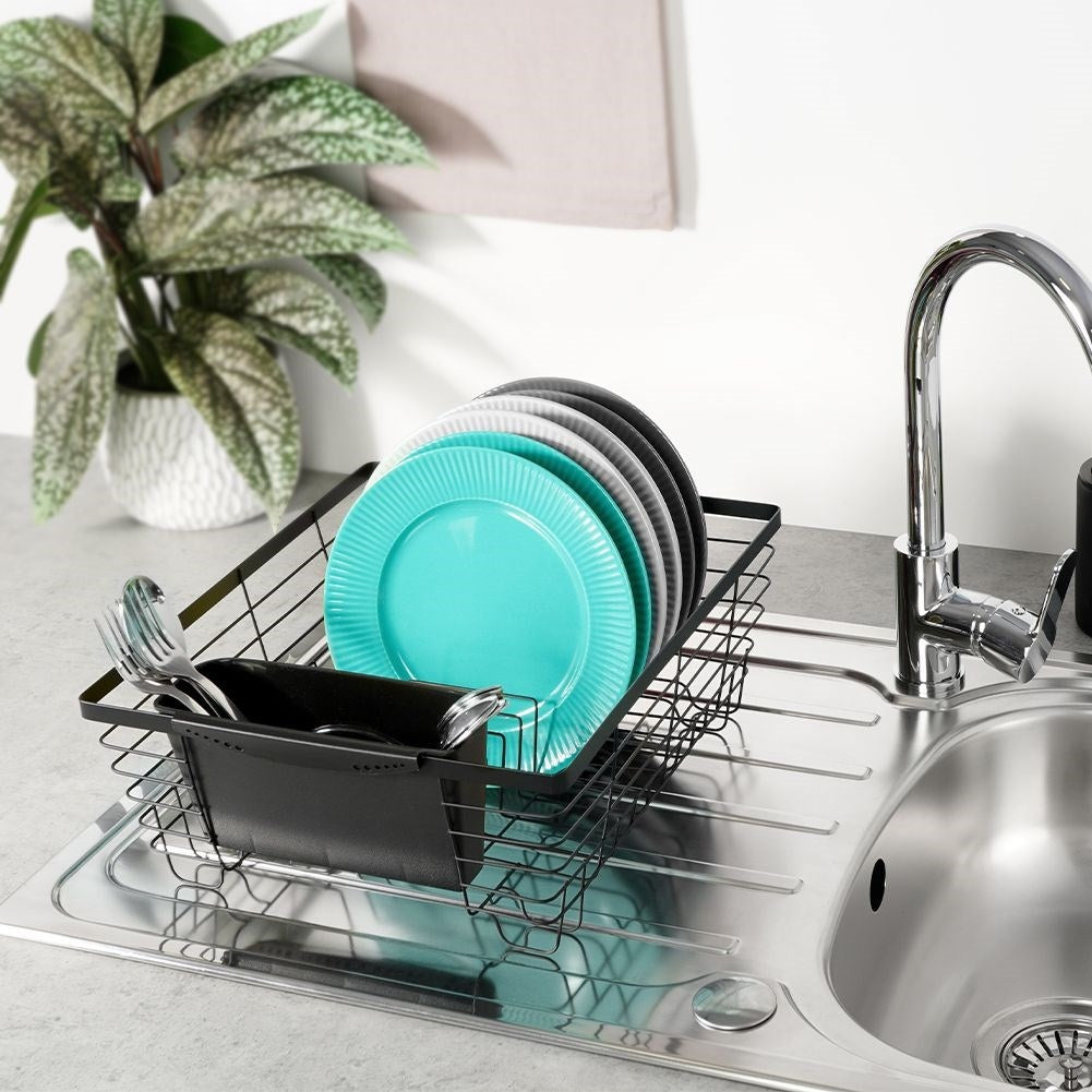 Elegant black dish rack with drainage tray