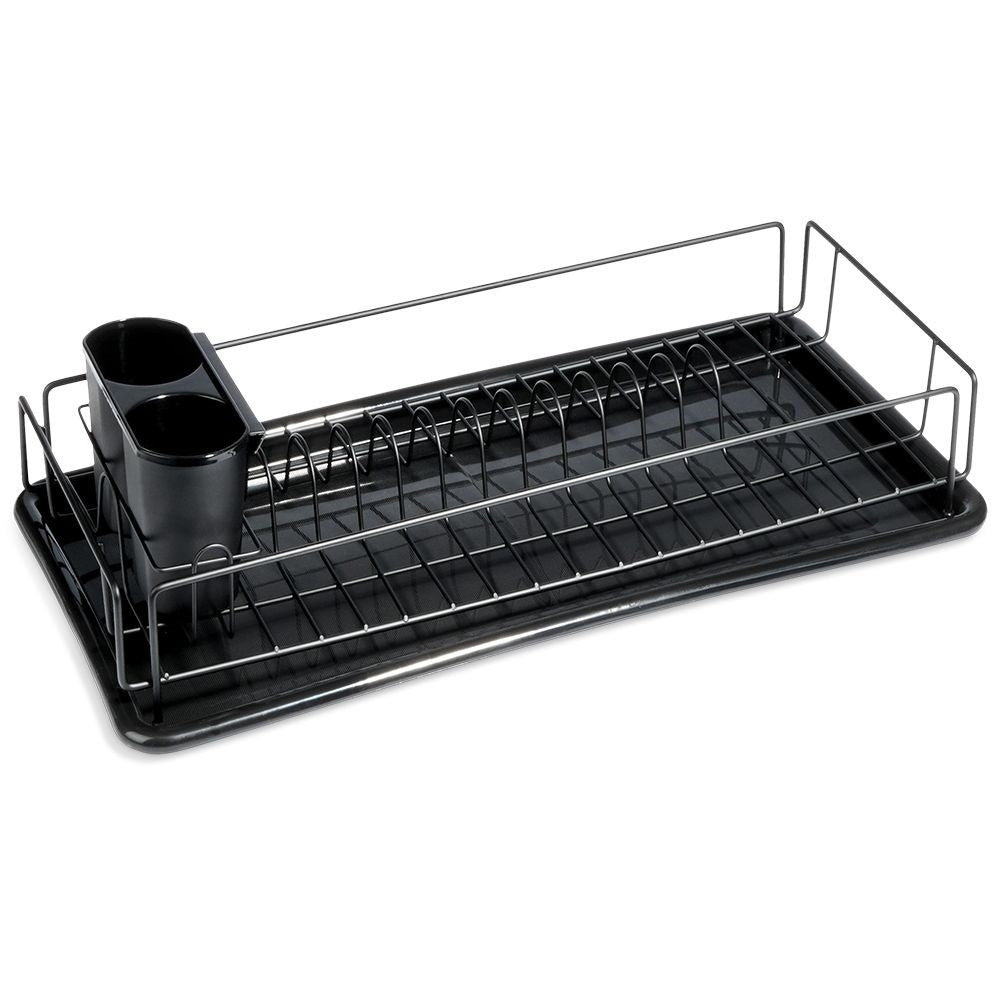 Elegant black dish rack with drainage tray