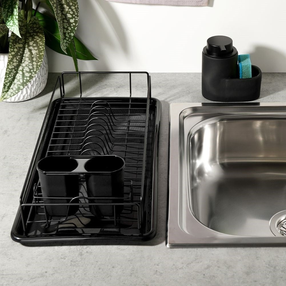 Elegant black dish rack with drainage tray