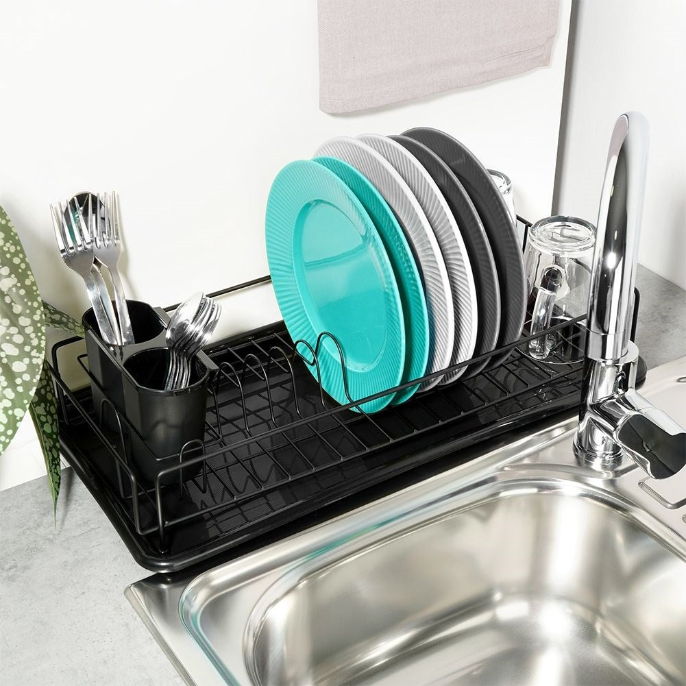 Elegant black dish rack with drainage tray