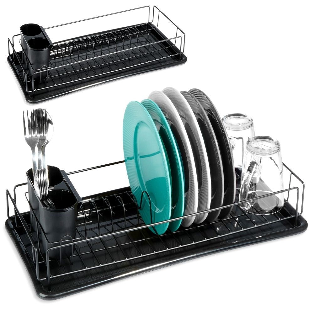 Elegant black dish rack with drainage tray