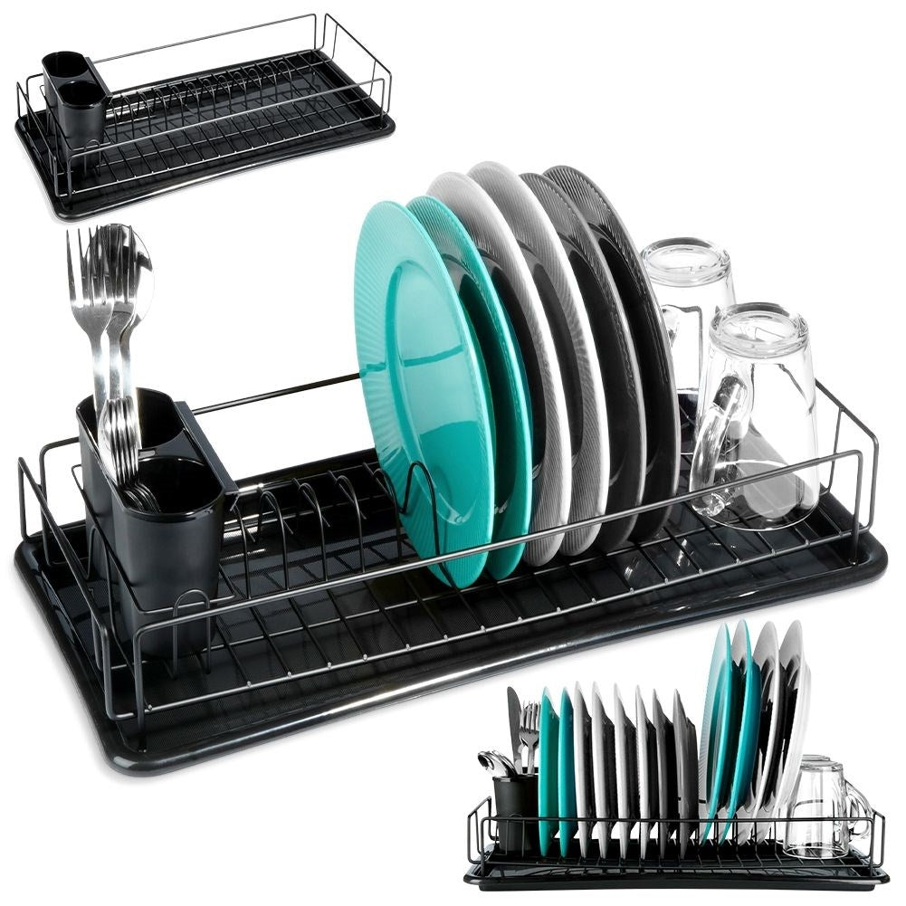 Elegant black dish rack with drainage tray