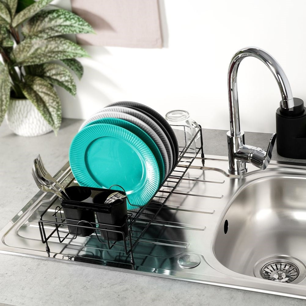 Elegant black dish rack with drainage tray