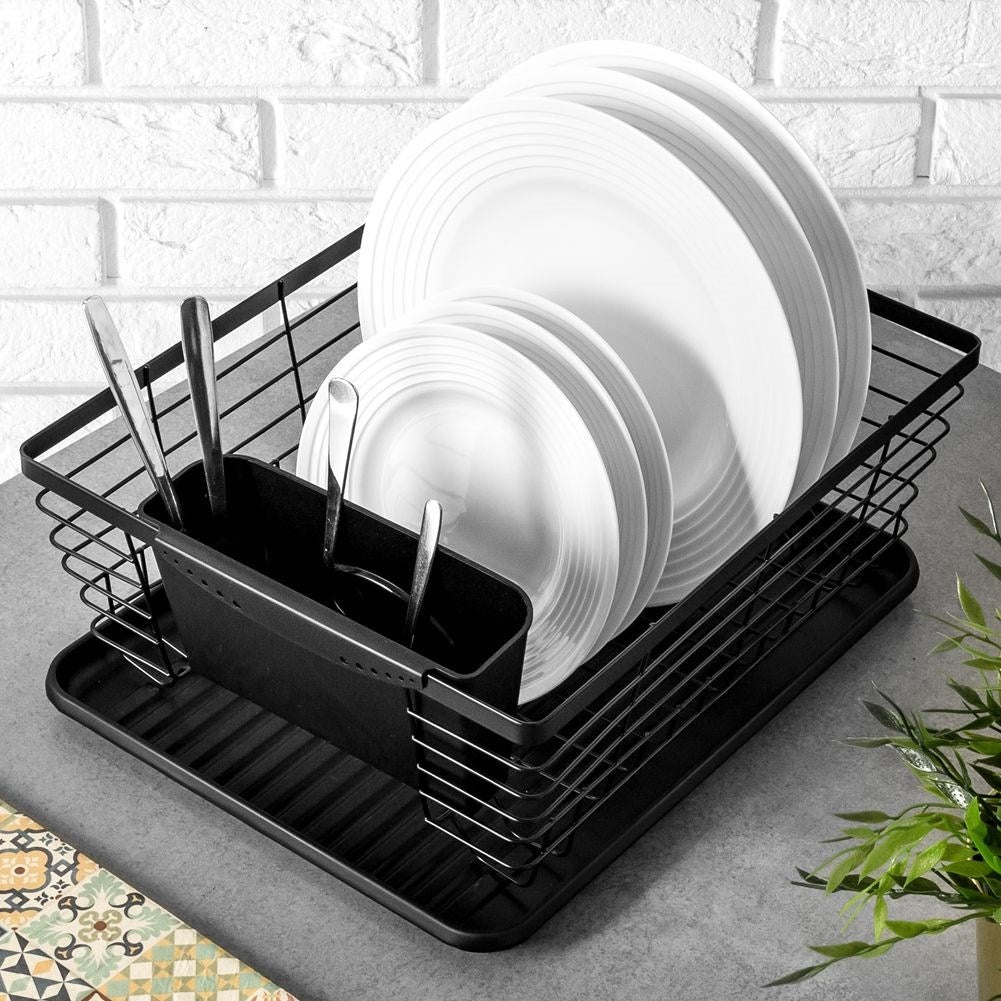 Elegant black dish rack with drainage tray