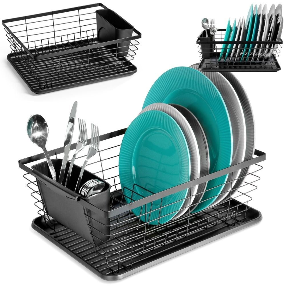 Elegant black dish rack with drainage tray