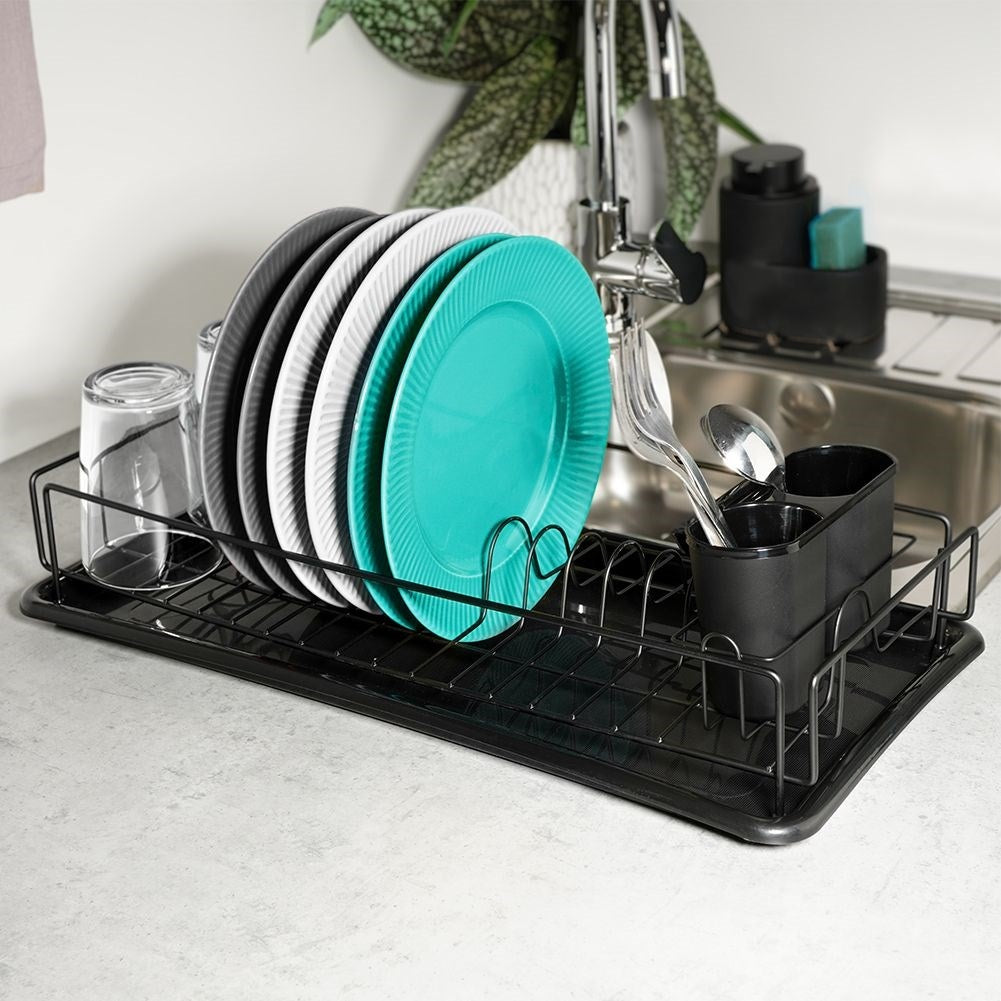 Elegant black dish rack with drainage tray