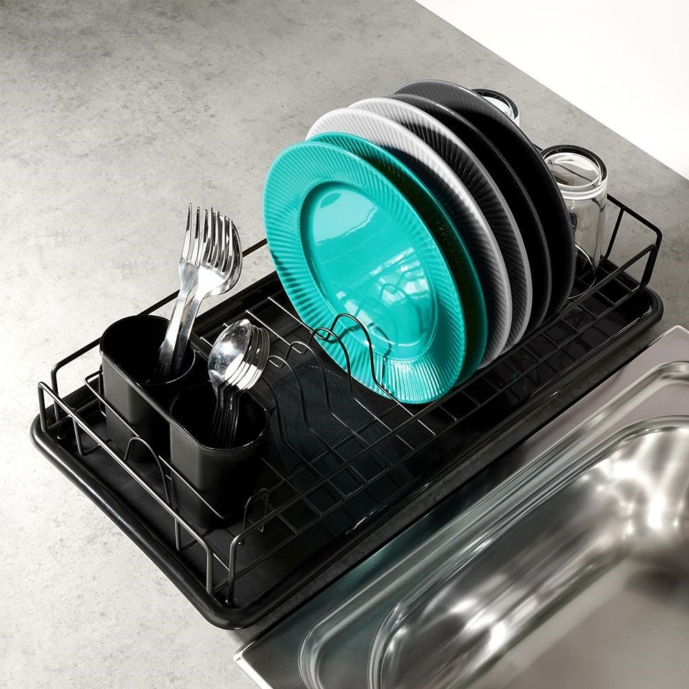 Elegant black dish rack with drainage tray