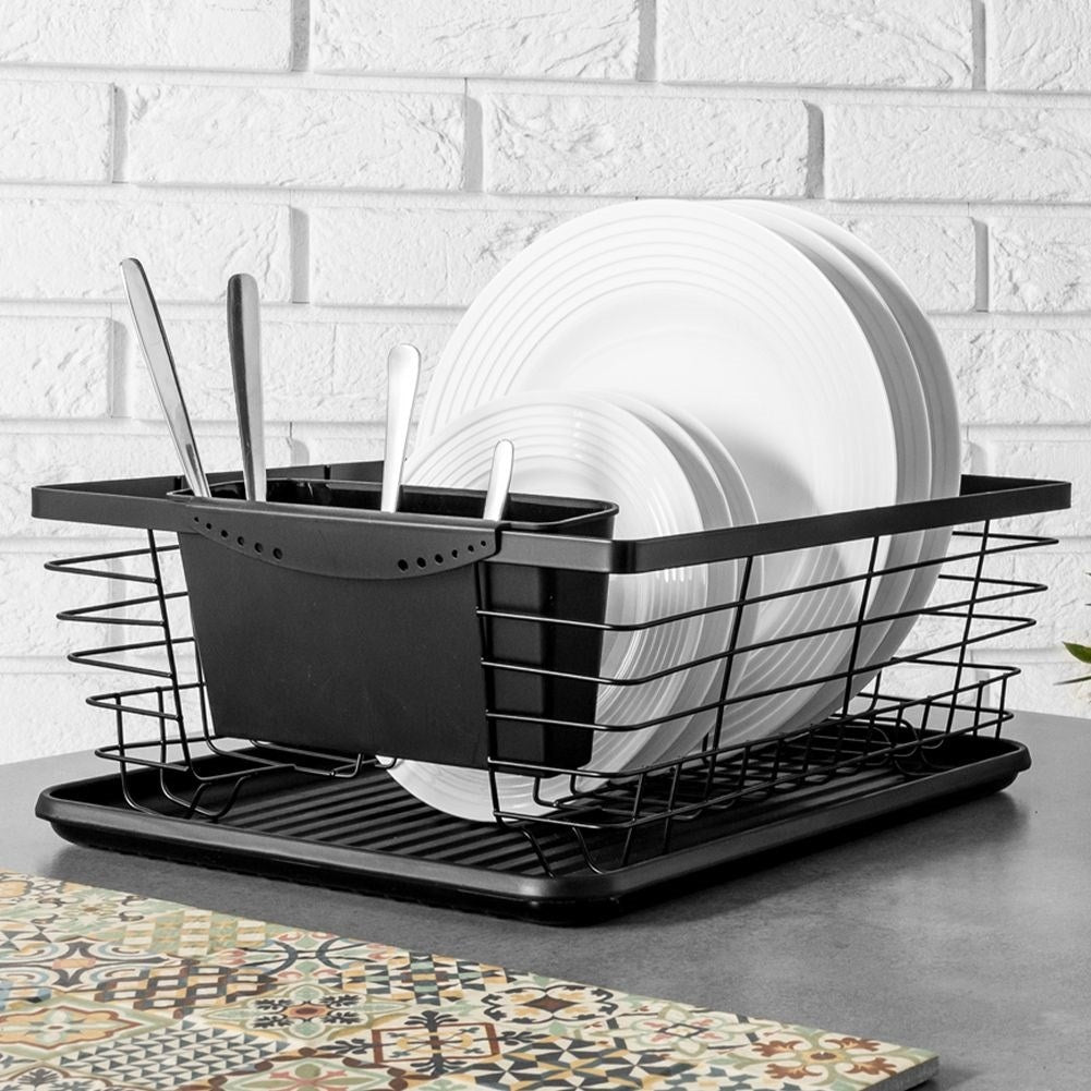 Elegant black dish rack with drainage tray