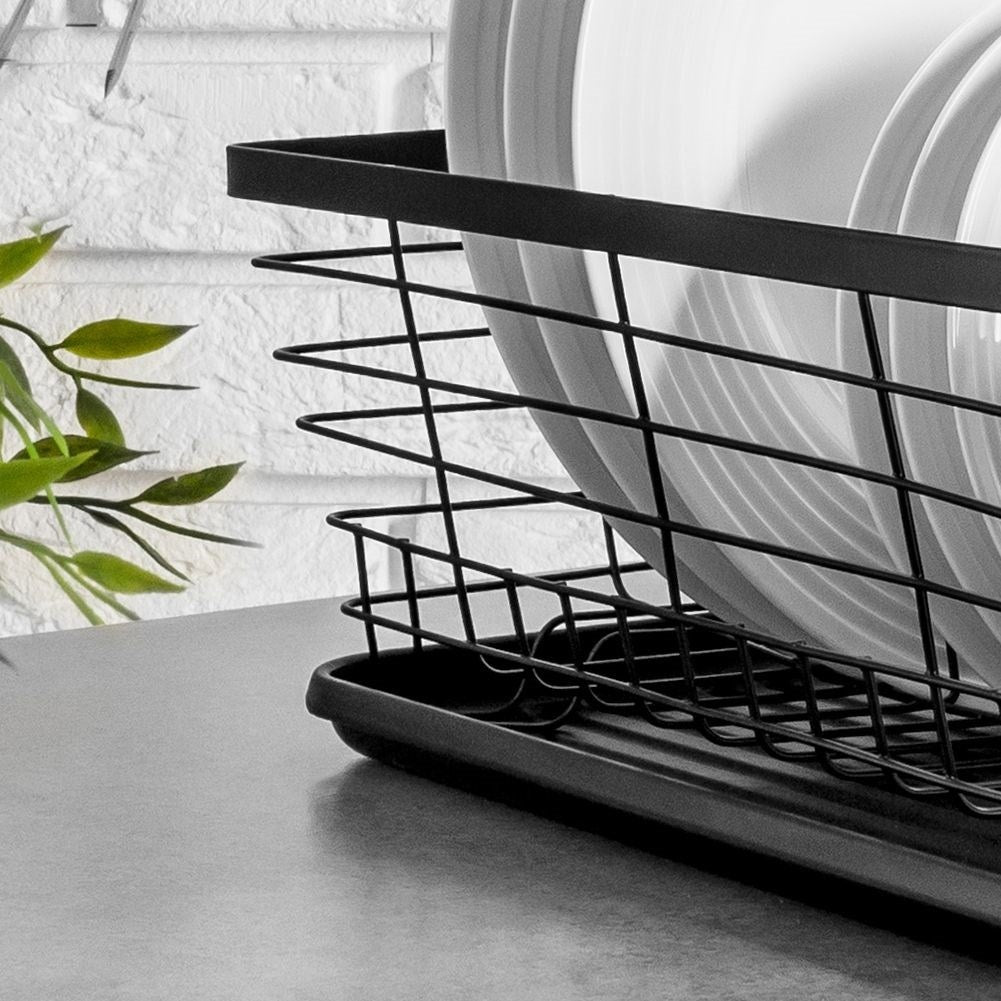 Elegant black dish rack with drainage tray