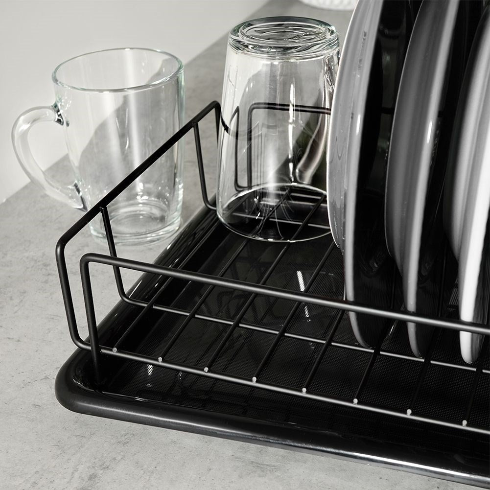 Elegant black dish rack with drainage tray