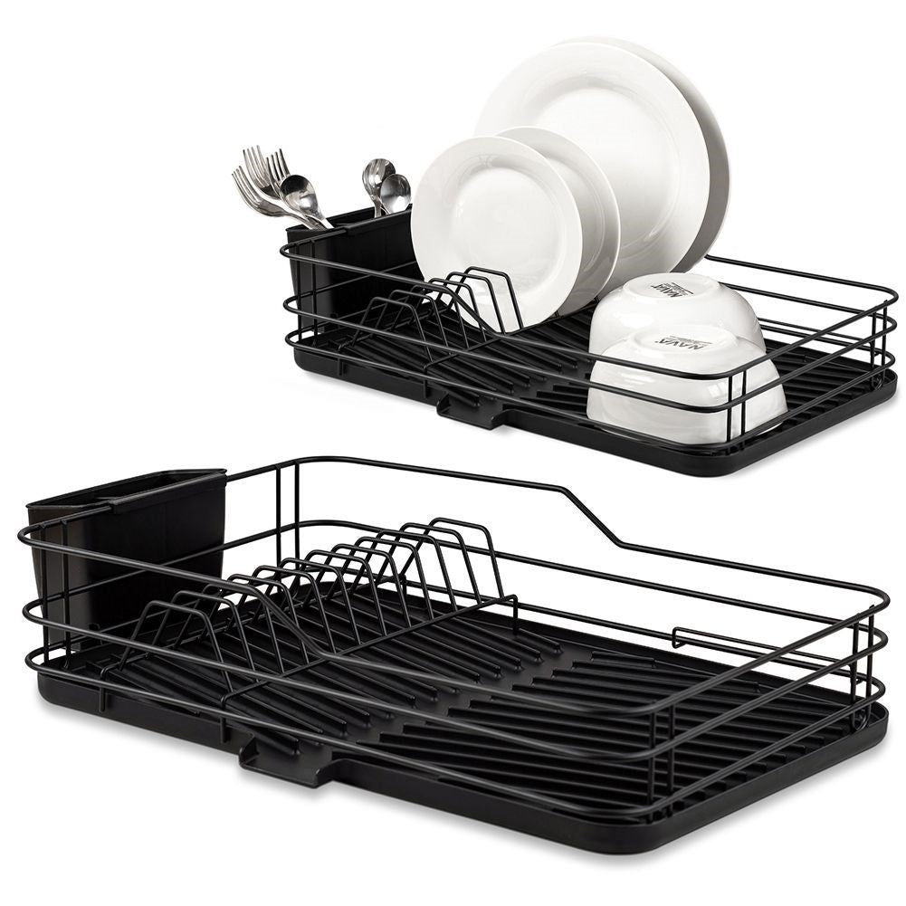 Elegant black dish rack with drain tray