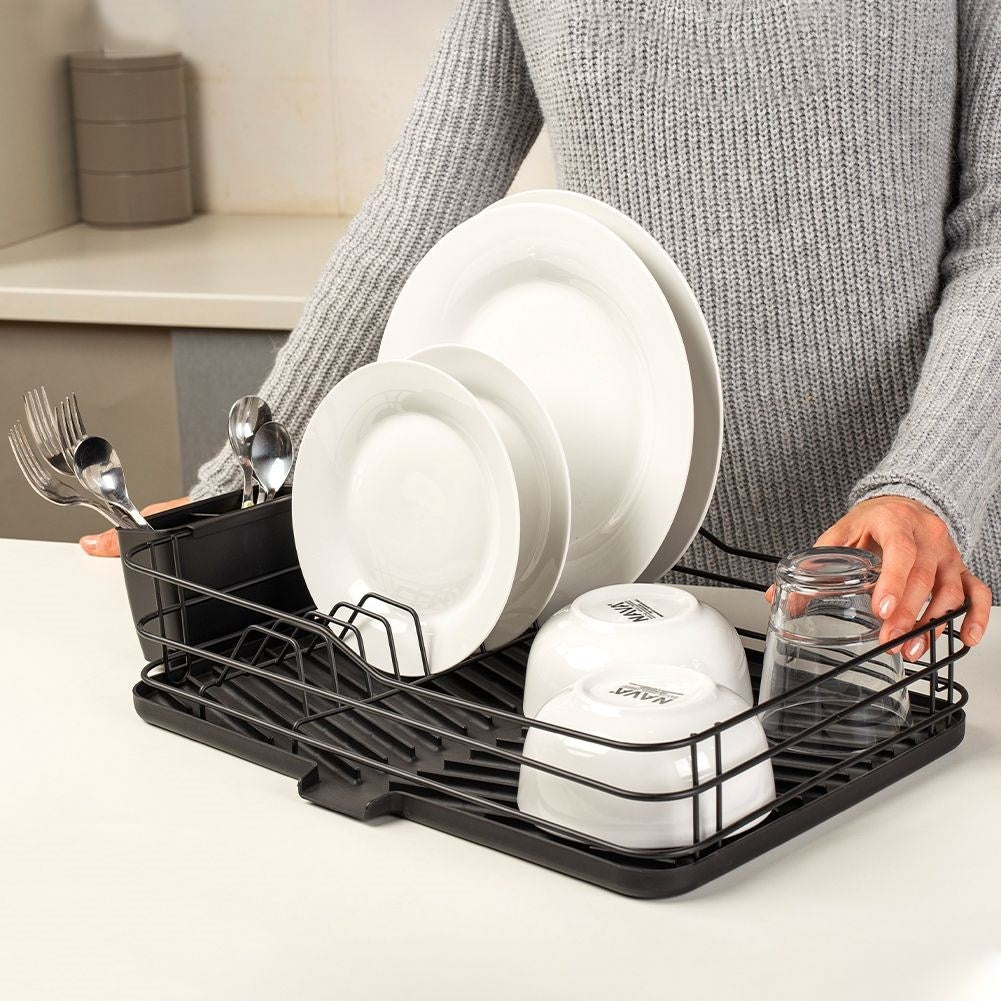 Elegant black dish rack with drain tray