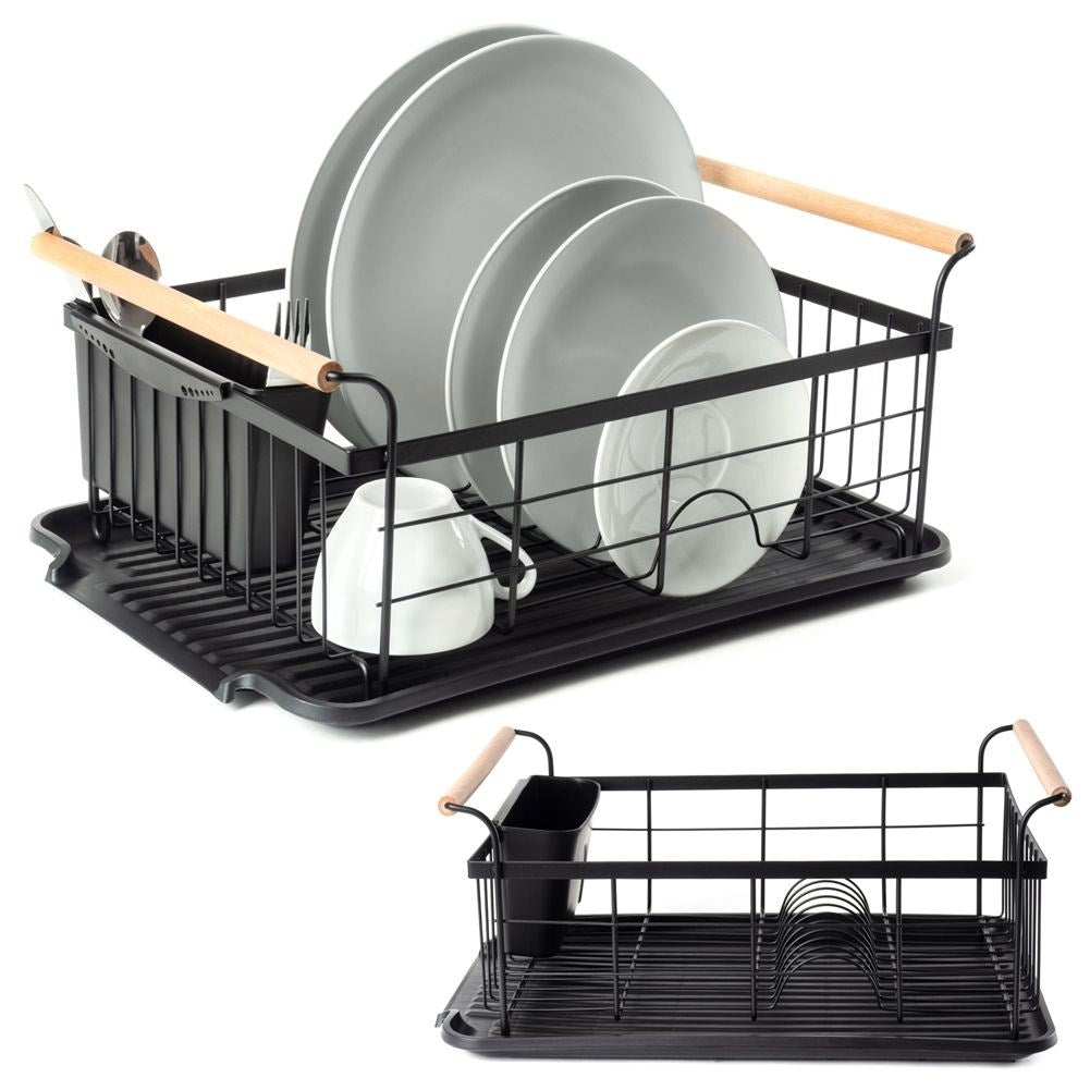 Elegant black dish rack with drip tray and space for everything