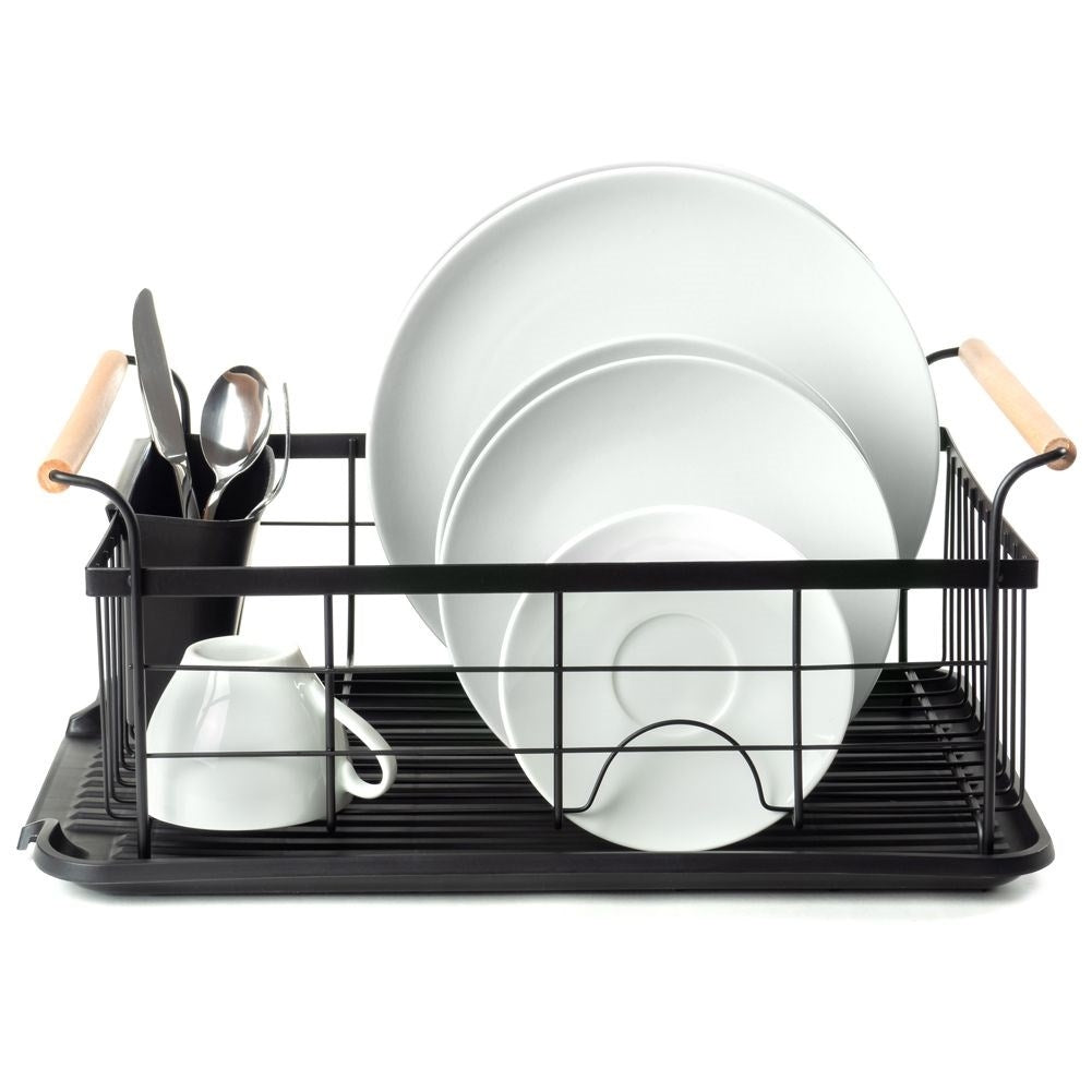 Elegant black dish rack with drip tray and space for everything