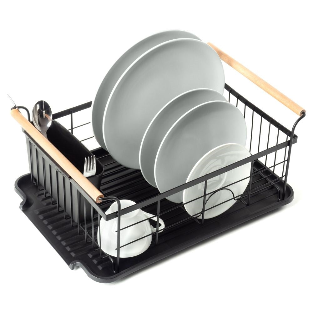 Elegant black dish rack with drip tray and space for everything