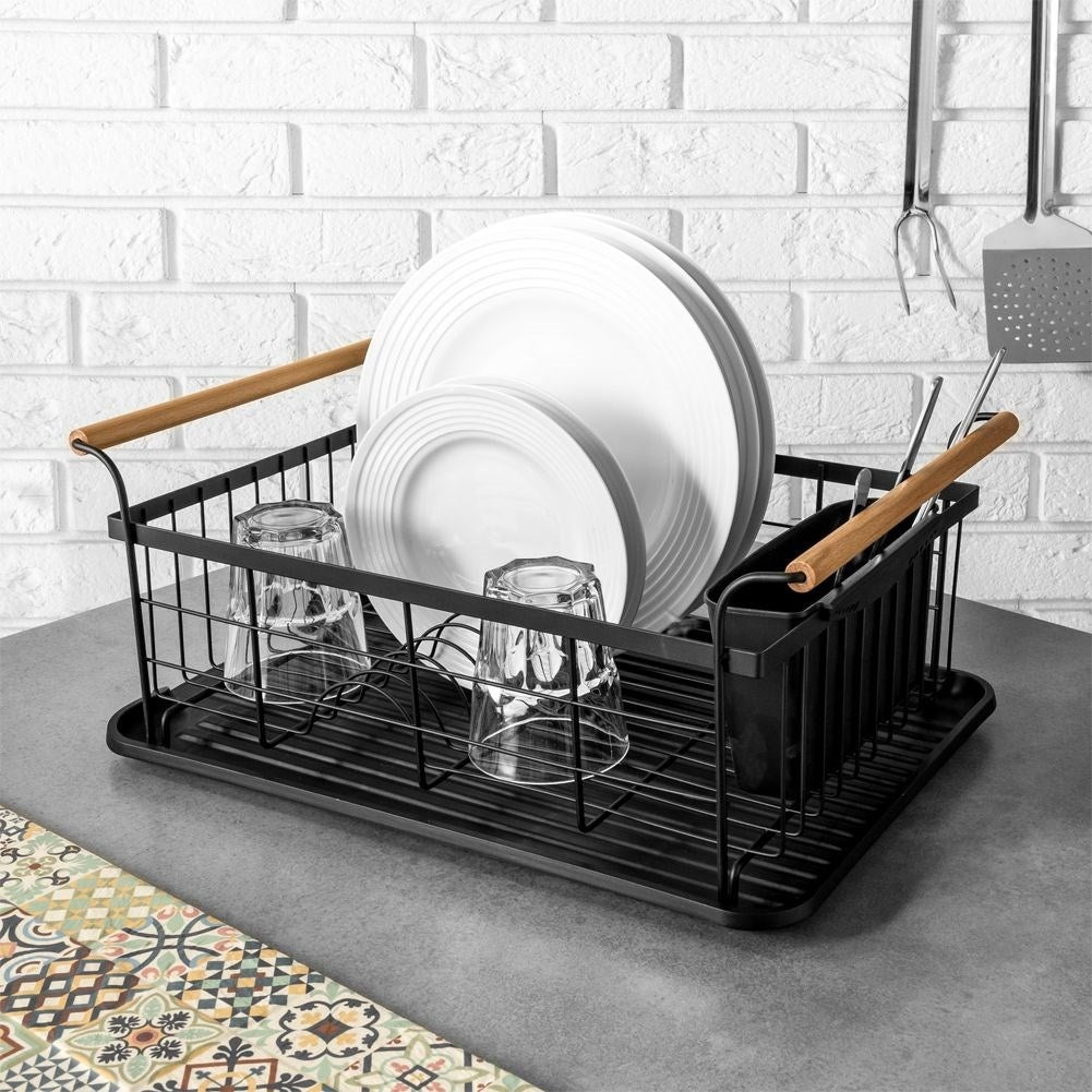 Elegant black dish rack with drip tray and space for everything